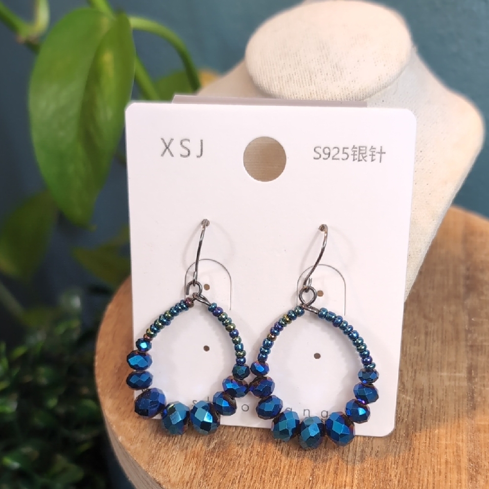 Sapphire Blue Beaded Hoop Earrings
